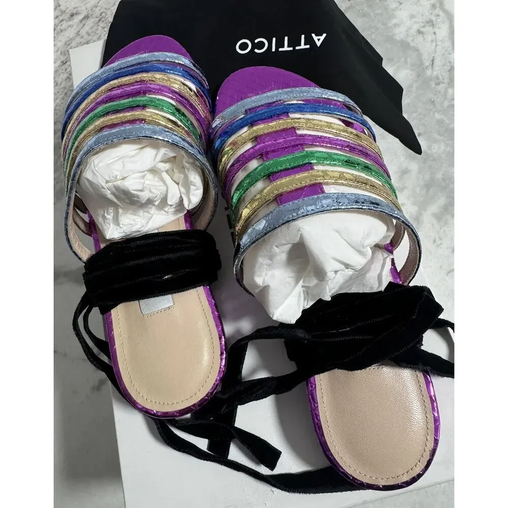 New Attico Rainbow Metallic Strappy Flat Slide on Sandals Size 35